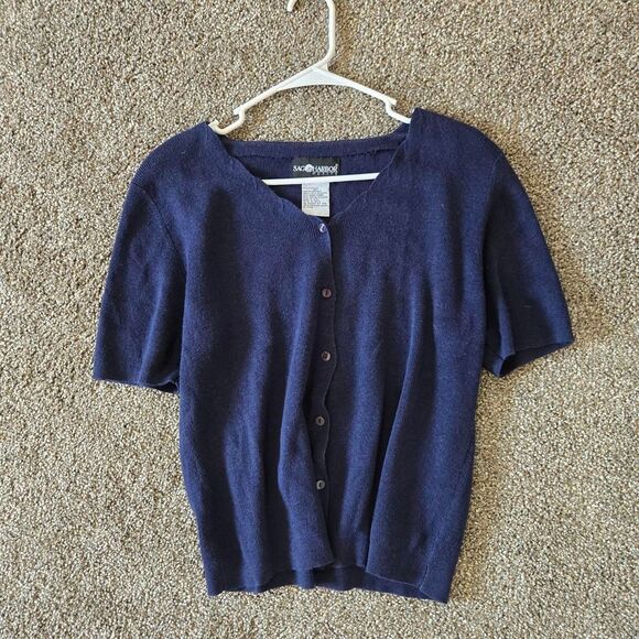 Women's Vintage 90s Sag Harbor Navy Knit Scallop Ruffle Edge Sweater Top Medium - Picture 1 of 7